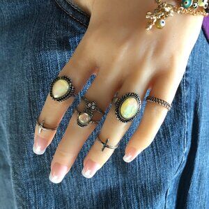 Boho Burnished Silver Rings Faux Opal